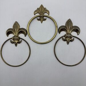 3- Brass fleur de lis Towel Holder Ring Wall Mounted Vtg